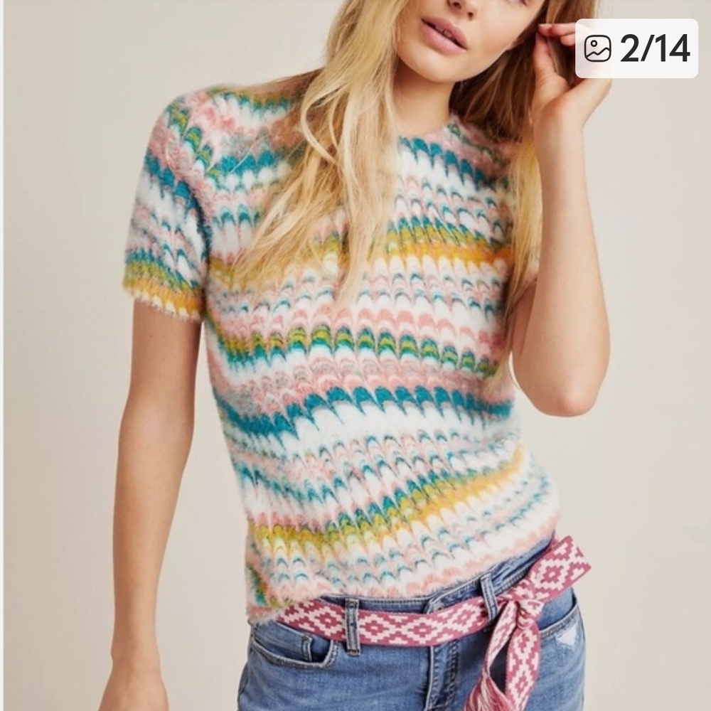 Anthropologie Multicolor Pastel Wave Knit Top - Pink, Teal, Yellow, White